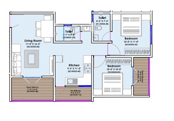 Floor plan of 2 BHK 633 Sq. Ft. Apartment in 2KV The Heritage Heights, Pune