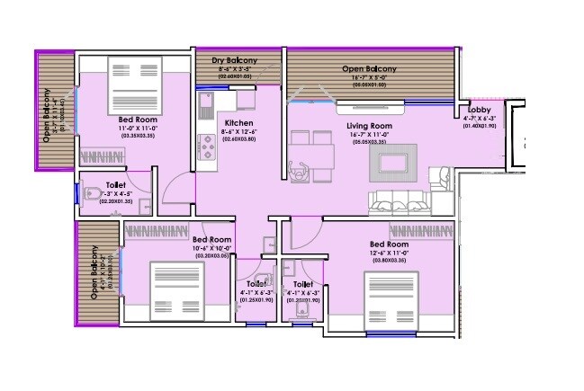 Floor plan of 3 BHK 773 Sq. Ft. Apartment in 2KV The Heritage Heights, Pune