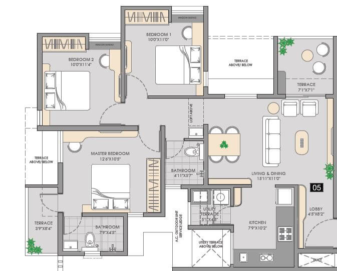 Floor plan of 3 BHK 1184 Sq. Ft. Apartment in 33 Keshavkunj, Pune