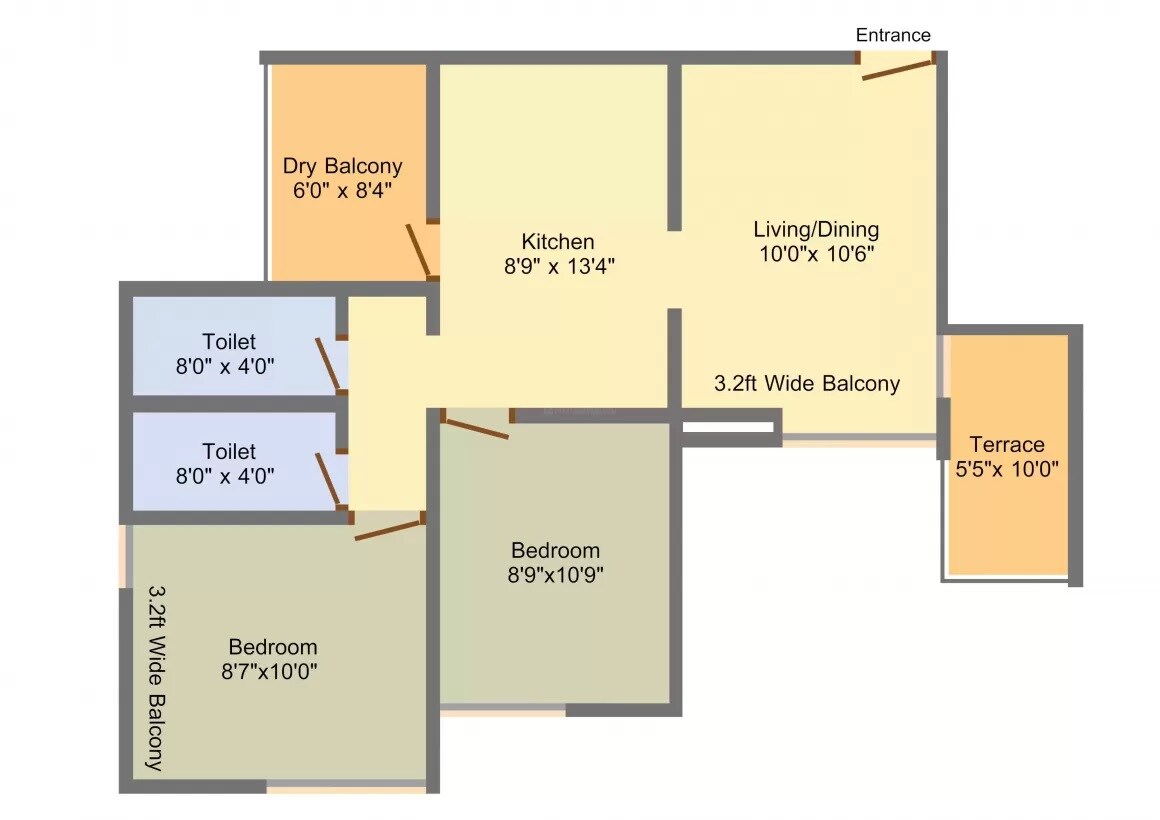 Floor plan of 2 BHK 702 Sq. Ft. Apartment in 3S Shaurya Residence, Pune