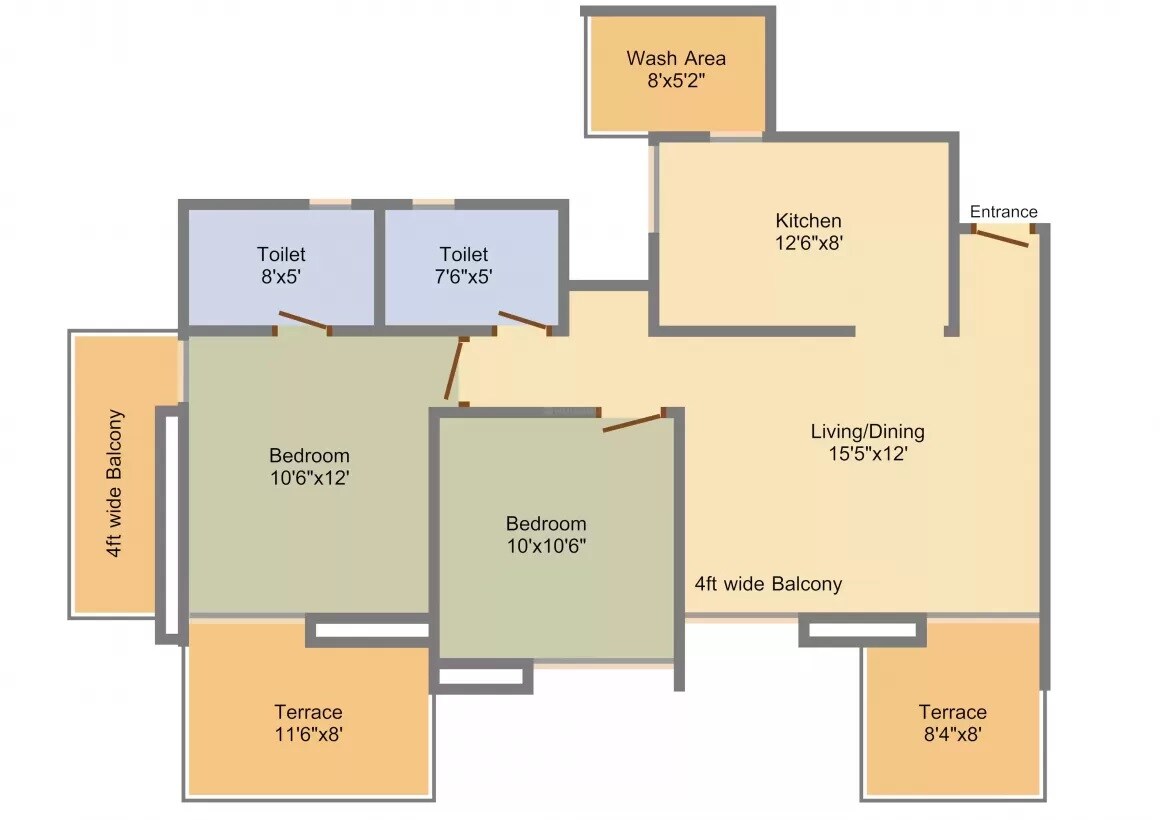 Floor plan of 2 BHK 895 Sq. Ft. Apartment in 3S Shaurya Residence, Pune