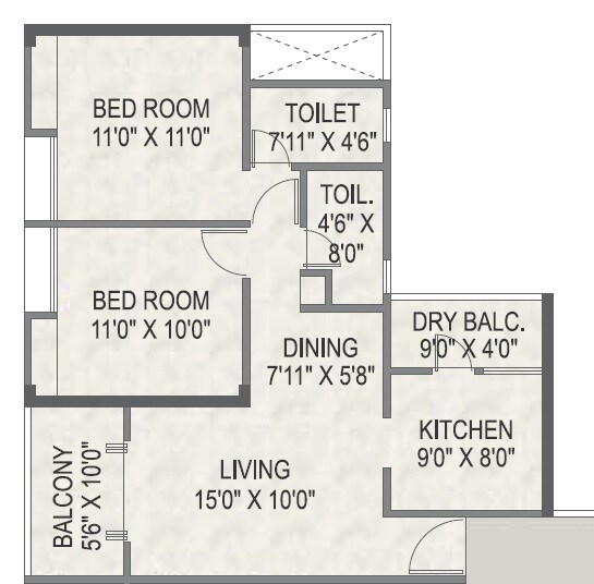 Floor plan of 2 BHK 753 Sq. Ft. Apartment in 4 Taljai Hills Phase 1, Pune