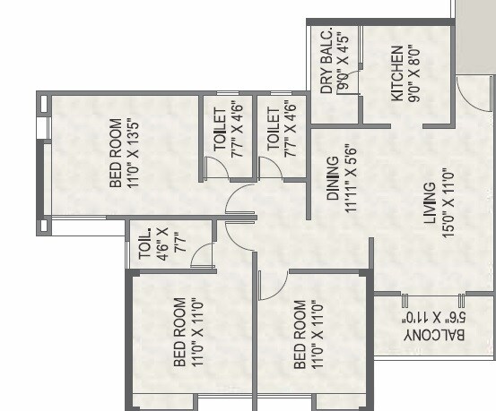 Floor plan of 3 BHK 1042 Sq. Ft. Apartment in 4 Taljai Hills Phase 1, Pune