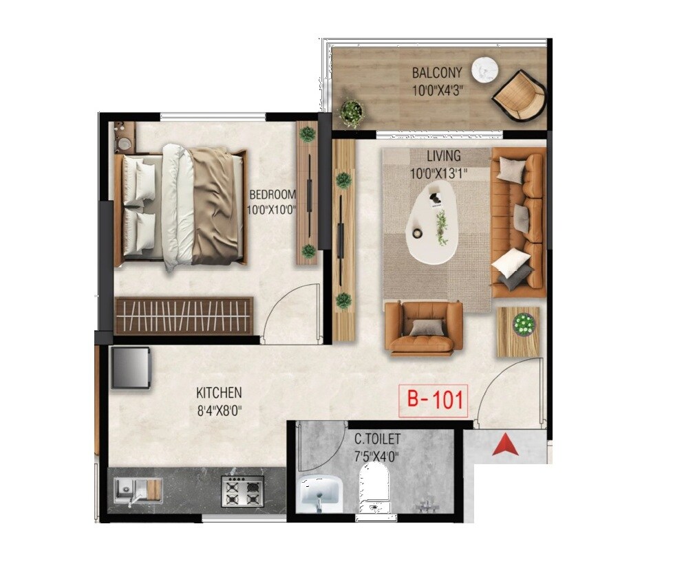 Floor plan of 1 BHK 390 Sq. Ft. Apartment in 51 Midtown, Pune