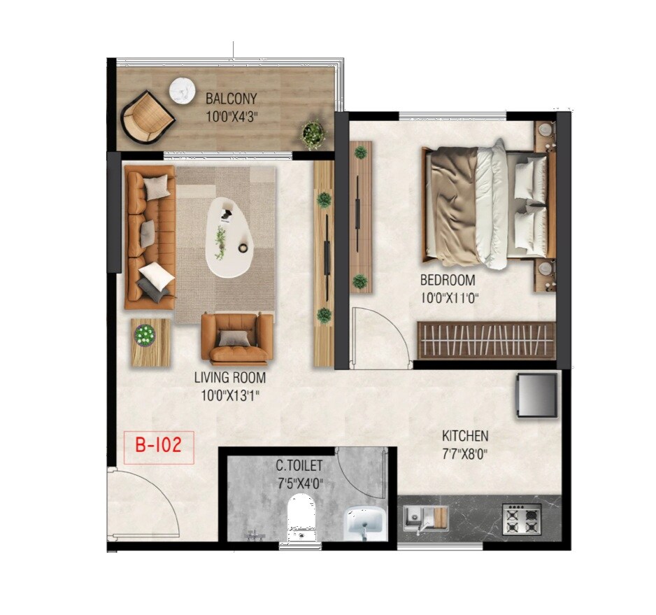 Floor plan of 1 BHK 419 Sq. Ft. Apartment in 51 Midtown, Pune