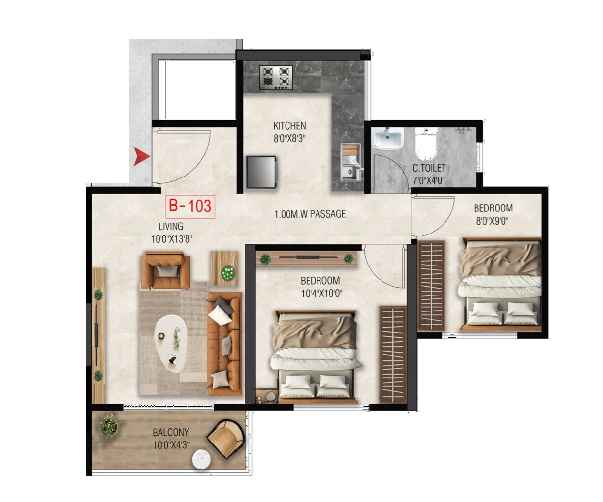 Floor plan of 2 BHK 529 Sq. Ft. Apartment in 51 Midtown, Pune
