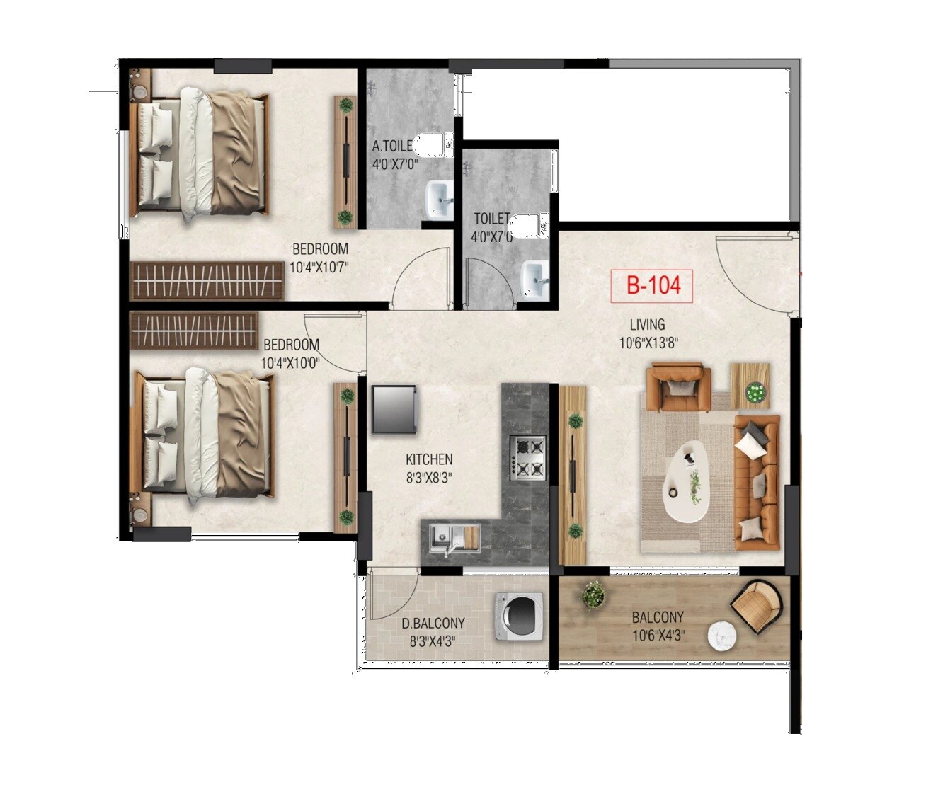 Floor plan of 2 BHK 646 Sq. Ft. Apartment in 51 Midtown, Pune