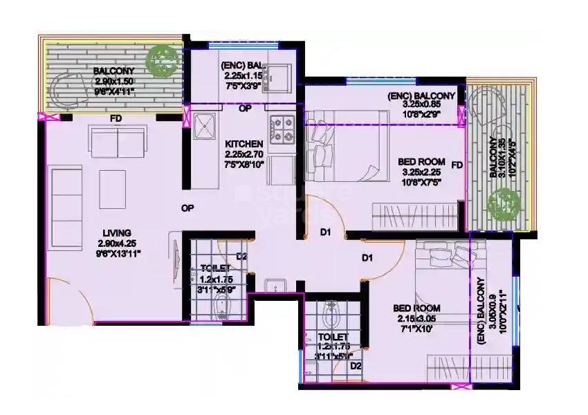 Floor plan of 2 BHK 447 Sq. Ft. Apartment in 55 Shashwat Avenue, Pune