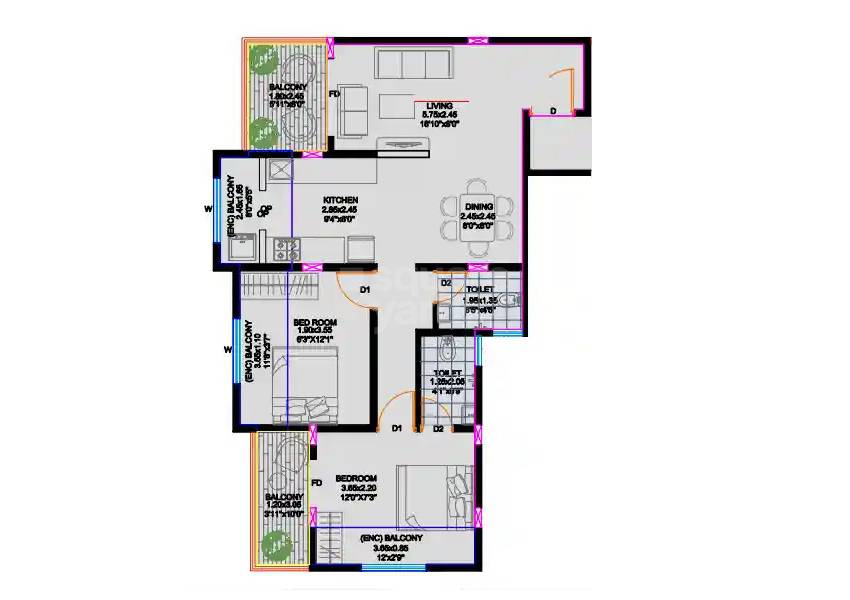 Floor plan of 2 BHK 577 Sq. Ft. Apartment in 55 Shashwat Avenue, Pune