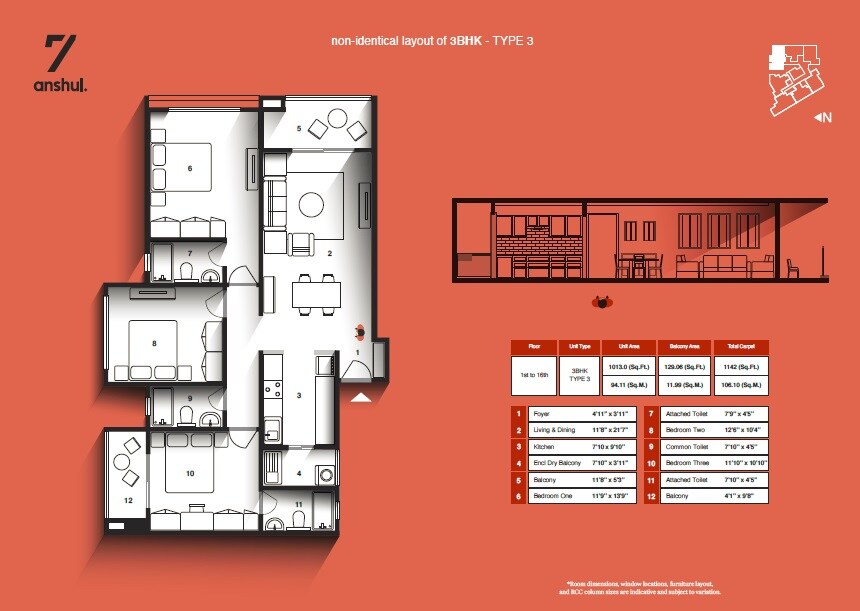Floor plan of 3 BHK 1142 Sq. Ft. Apartment in 7 Anshul, Pune