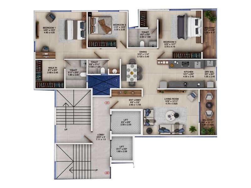 Floor plan of 3 BHK 1383 Sq. Ft. Apartment in 7 Nexus Chandraat, Pune
