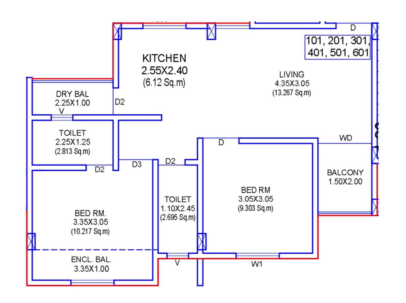 Floor plan of 2 BHK 633 Sq. Ft. Apartment in 8Square Gokuldham, Pune