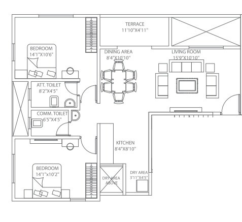Floor plan of 2 BHK 812 Sq. Ft. Apartment in A And A 40 Hyde Park, Pune