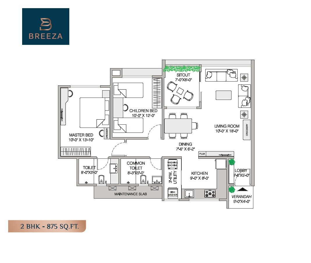 Floor plan of 2 BHK 875 Sq. Ft. Apartment in A And A Breeza, Pune