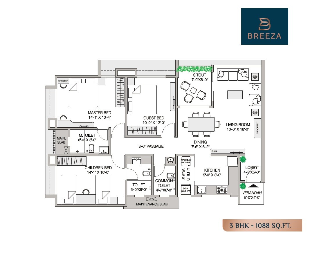 Floor plan of 3 BHK 1088 Sq. Ft. Apartment in A And A Breeza, Pune