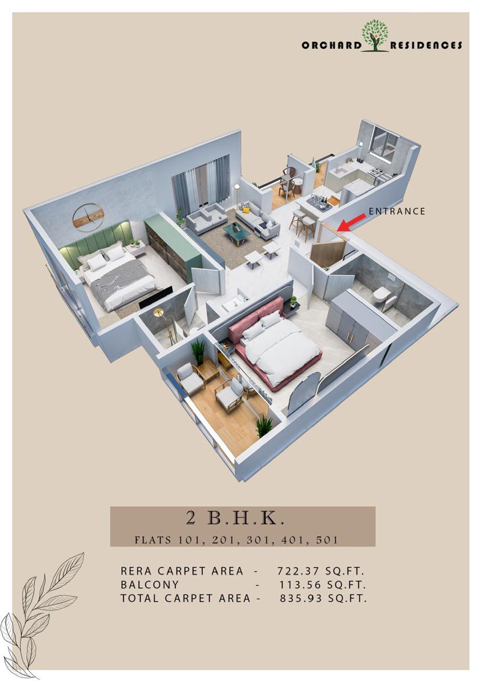 Floor plan of 2 BHK 835 Sq. Ft. Apartment in A And A Orchard Residences, Pune