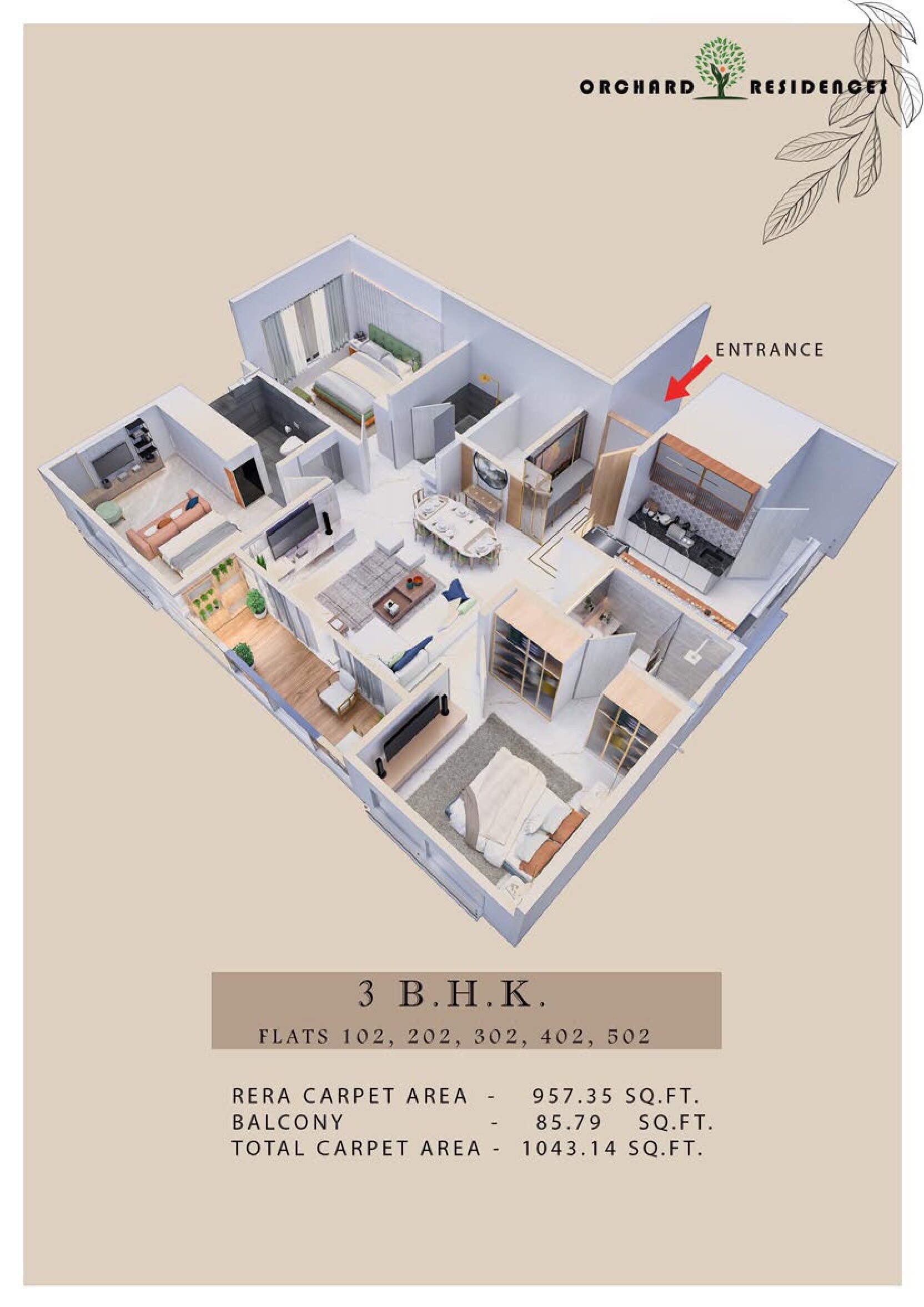 Floor plan of 3 BHK 1043 Sq. Ft. Apartment in A And A Orchard Residences, Pune