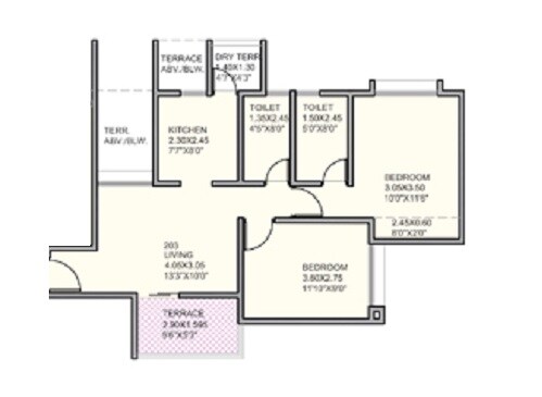 Floor plan of 2 BHK 417 Sq. Ft. Apartment in A V Bhat Ecstasia, Pune