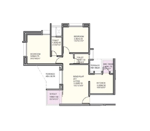 Floor plan of 2 BHK 592 Sq. Ft. Apartment in A V Bhat Ecstasia, Pune