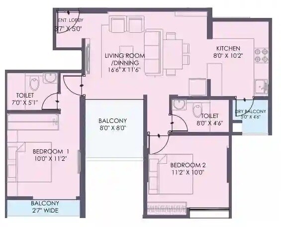 Floor plan of 2 BHK 758 Sq. Ft. Apartment in Aadhya Ankoor, Pune