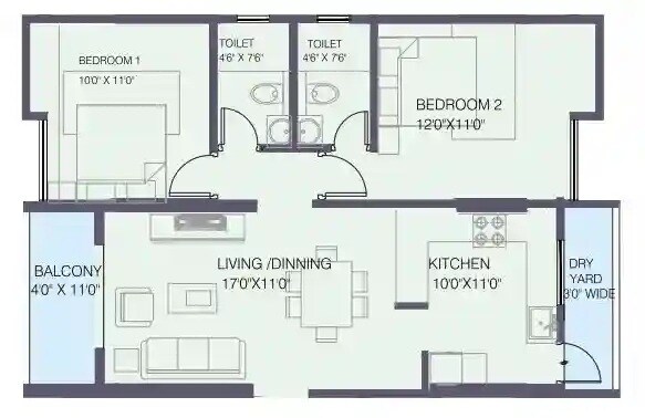 Floor plan of 2 BHK 800 Sq. Ft. Apartment in Aadhya Ankoor, Pune