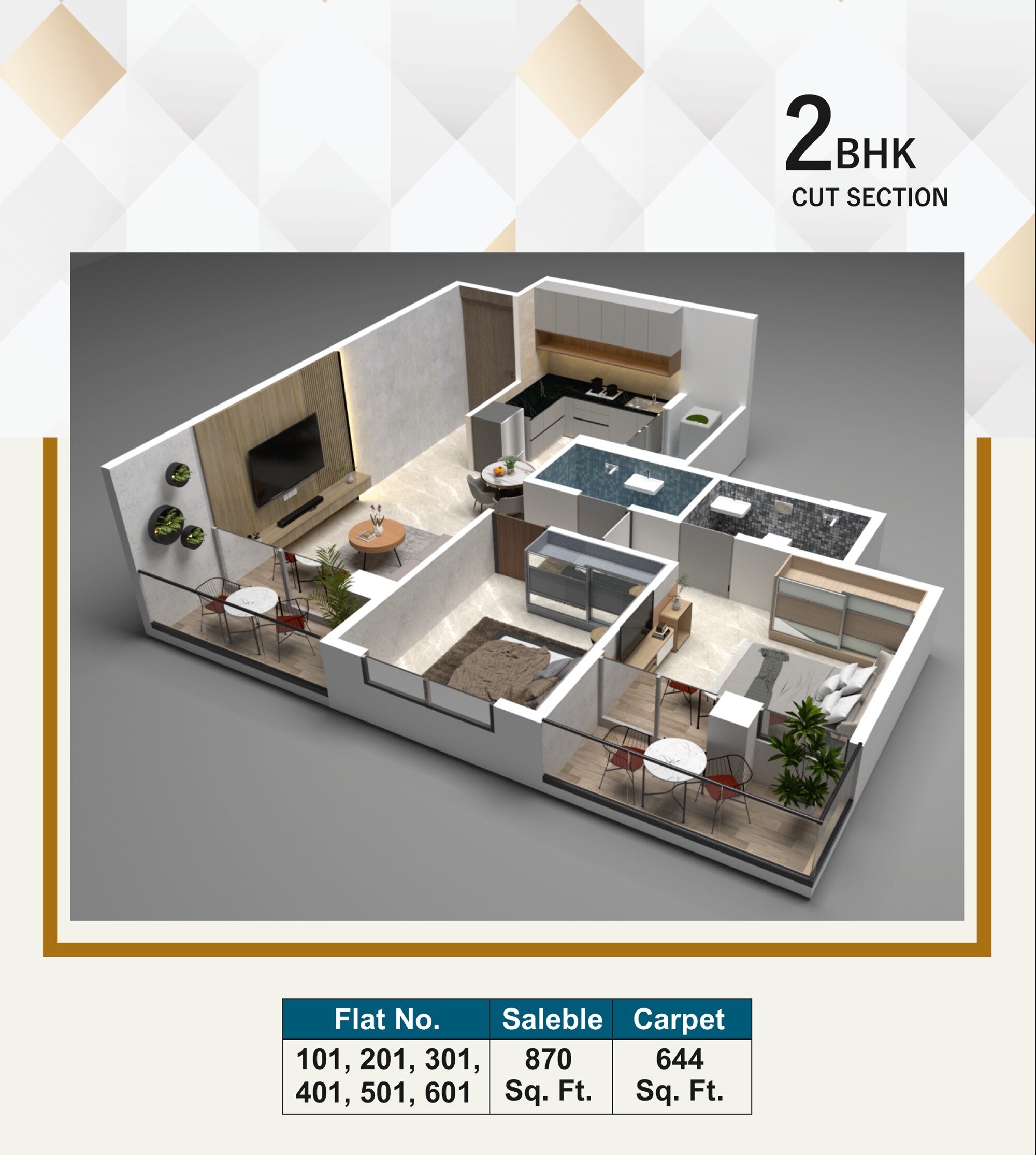 Floor plan of 2 BHK 644 Sq. Ft. Apartment in Aadinath Aashray, Pune