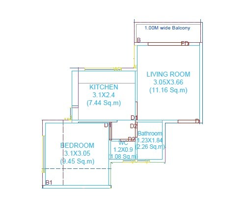 Floor plan of 1 BHK 367 Sq. Ft. Apartment in Aadinath Avenue, Pune