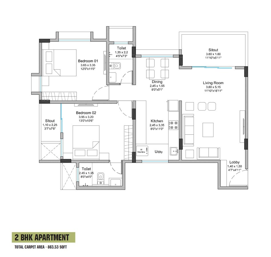 Floor plan of 2 BHK 864 Sq. Ft. Apartment in Aadit Nilaya, Pune