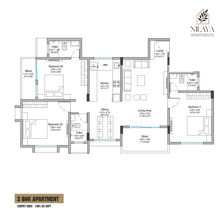 Floor plan of 3 BHK 1092 Sq. Ft. Apartment in Aadit Nilaya, Pune