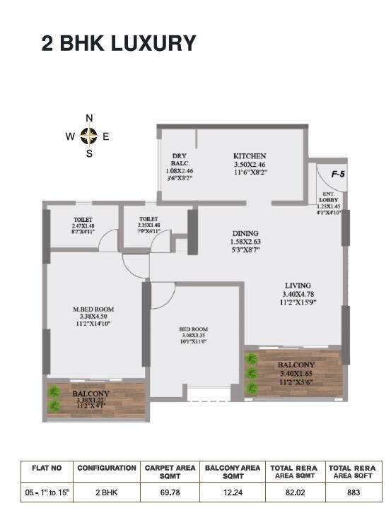 Floor plan of 2 BHK 883 Sq. Ft. Apartment in Aaiji Crystal, Pune