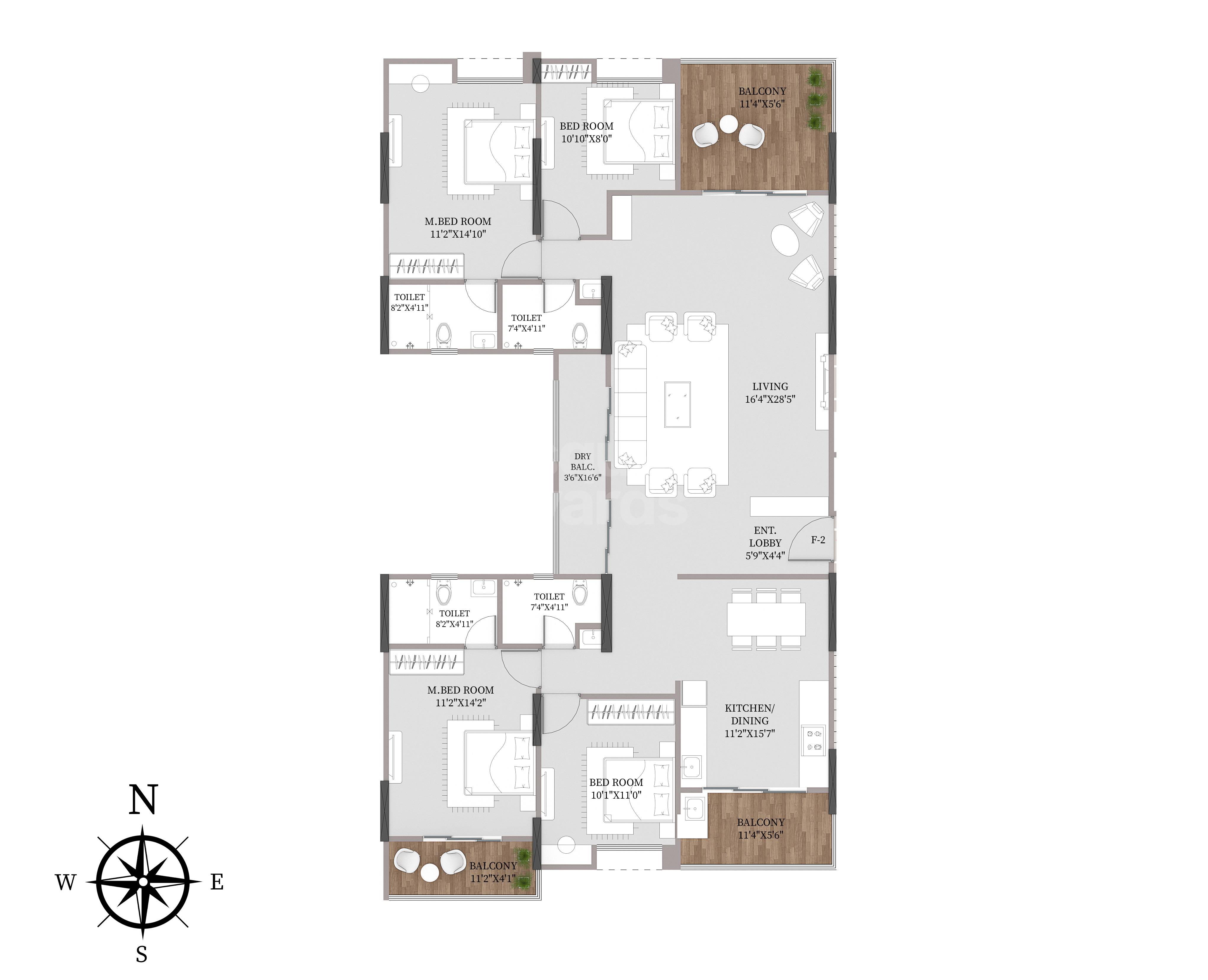 Floor plan of 4 BHK 1732 Sq. Ft. Apartment in Aaiji Crystal, Pune