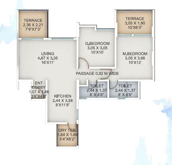 Floor plan of 2 BHK 597 Sq. Ft. Apartment in Aaiji Lakeshore Residences, Pune