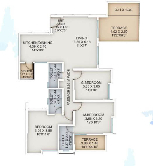 Floor plan of 3 BHK 855 Sq. Ft. Apartment in Aaiji Lakeshore Residences, Pune