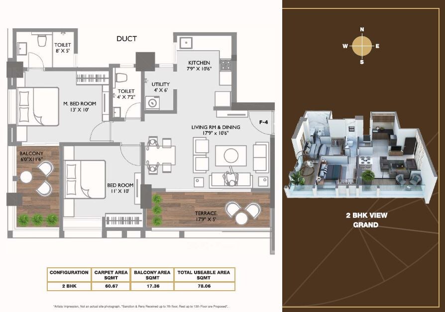 Floor plan of 2 BHK 840 Sq. Ft. Apartment in Aaiji Vivanta, Pune