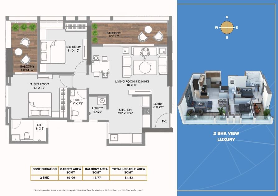 Floor plan of 2 BHK 913 Sq. Ft. Apartment in Aaiji Vivanta, Pune