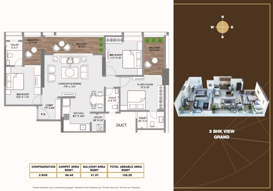 Floor plan of 3 BHK 1166 Sq. Ft. Apartment in Aaiji Vivanta, Pune