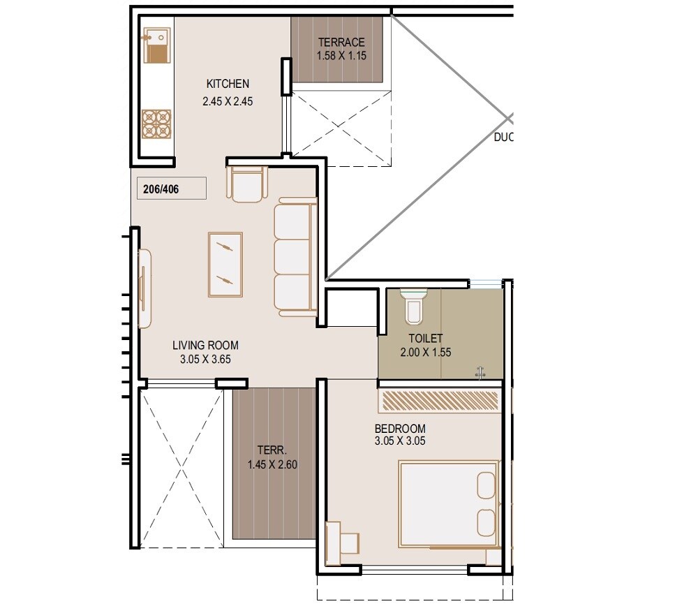 Floor plan of 1 BHK 419 Sq. Ft. Apartment in Aakar Coral Park, Pune