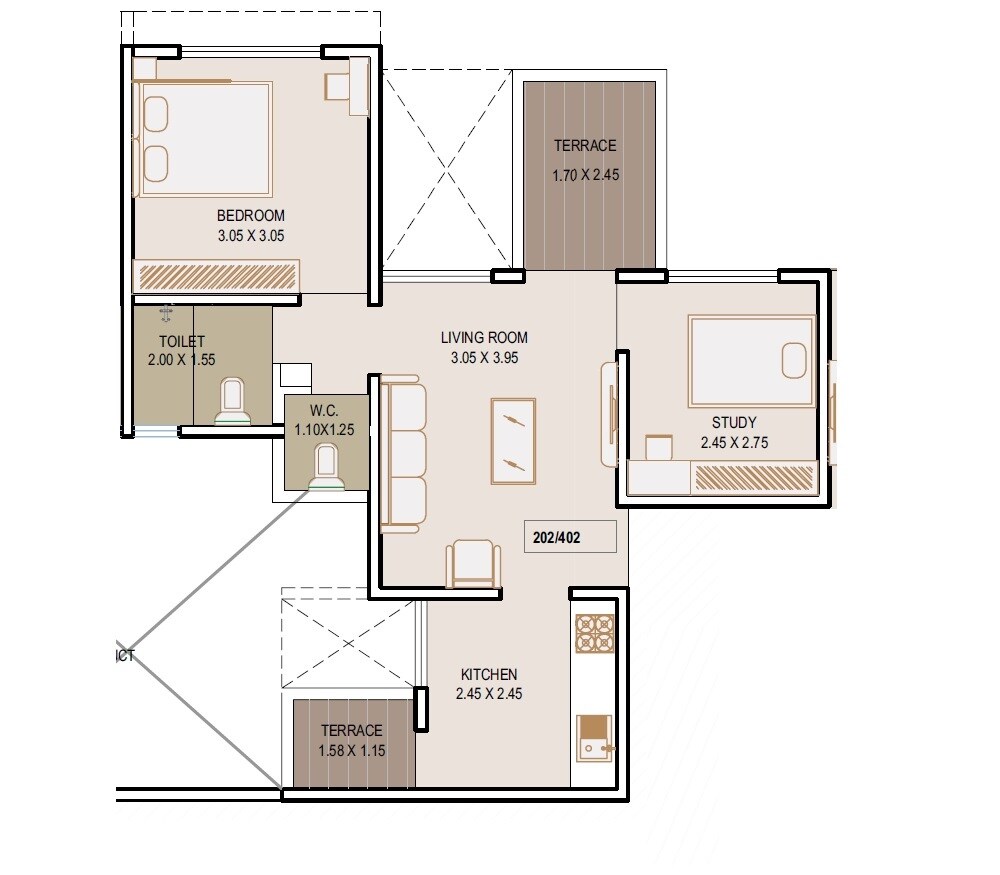 Floor plan of 1 BHK 508 Sq. Ft. Apartment in Aakar Coral Park, Pune