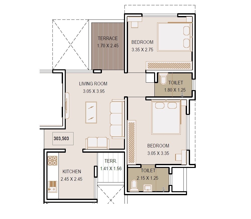 Floor plan of 2 BHK 600 Sq. Ft. Apartment in Aakar Coral Park, Pune