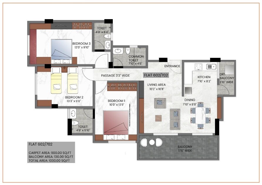 Floor plan of 2 BHK 1030 Sq. Ft. Apartment in Aakar Mangirish CHS, Pune