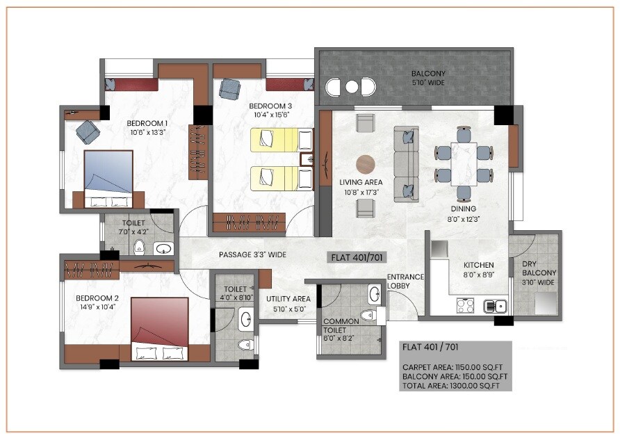 Floor plan of 3 BHK 1300 Sq. Ft. Apartment in Aakar Mangirish CHS, Pune