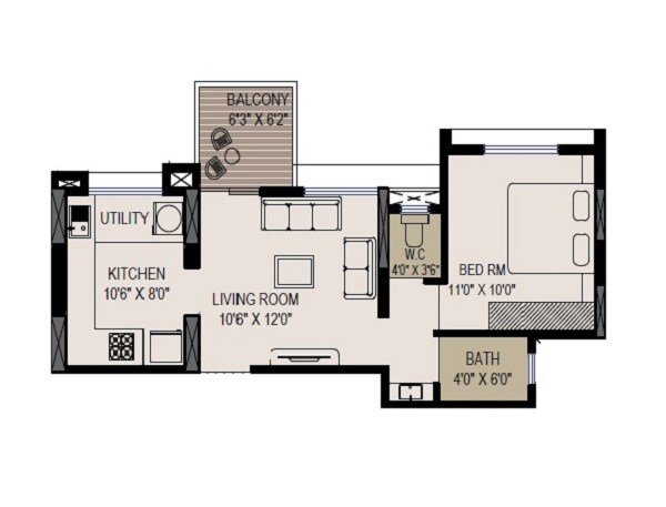Floor plan of 1 BHK 423 Sq. Ft. Apartment in Aakar Olive Homes, Pune