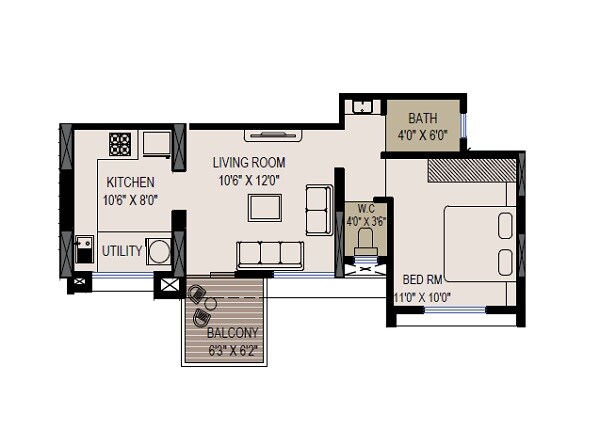 Floor plan of 1 BHK 511 Sq. Ft. Apartment in Aakar Olive Homes, Pune