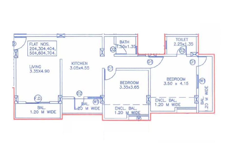 Floor plan of 2 BHK 727 Sq. Ft. Apartment in Aakar Symphony Apartments, Pune