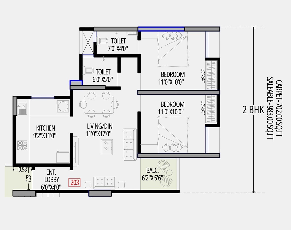 Floor plan of 2 BHK 702 Sq. Ft. Apartment in Aakar Topaz Towers, Pune