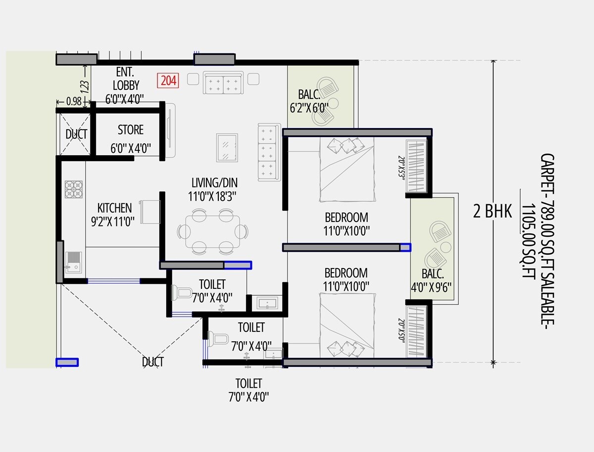 Floor plan of 2 BHK 789 Sq. Ft. Apartment in Aakar Topaz Towers, Pune