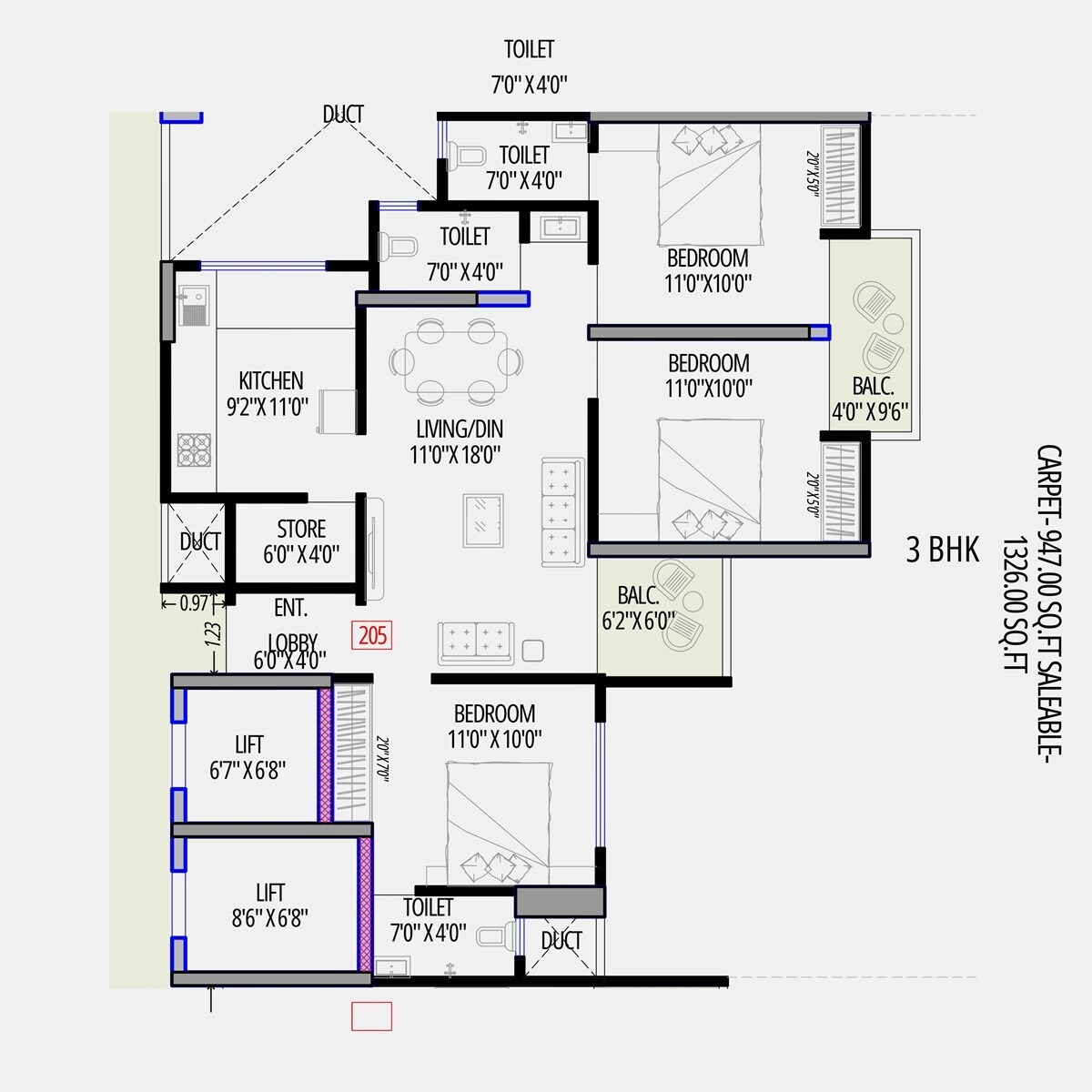 Floor plan of 3 BHK 947 Sq. Ft. Apartment in Aakar Topaz Towers, Pune