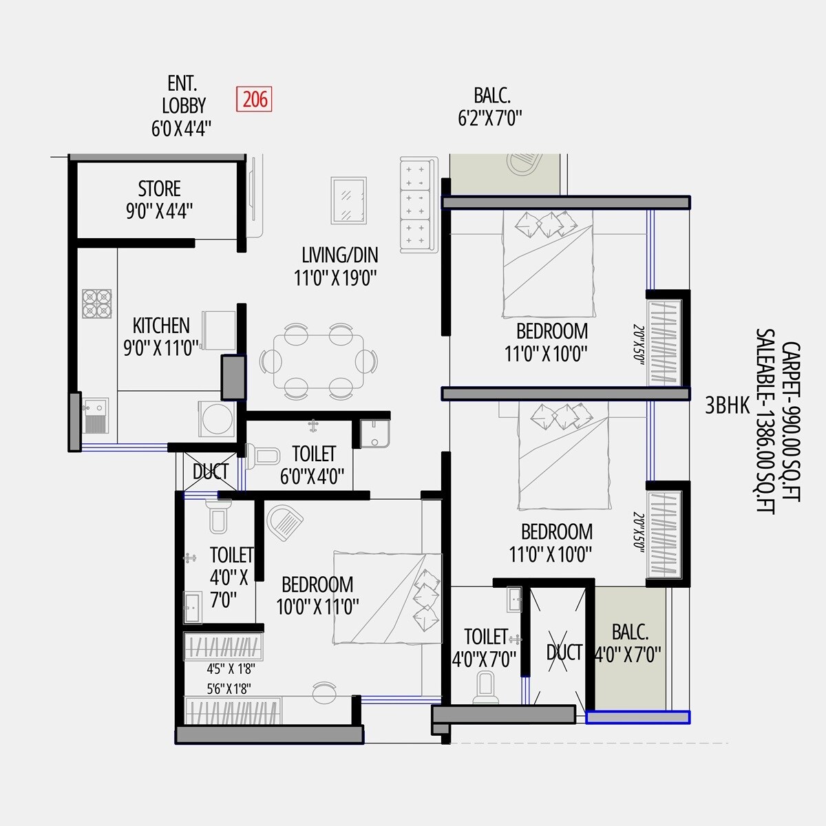 Floor plan of 3 BHK 990 Sq. Ft. Apartment in Aakar Topaz Towers, Pune