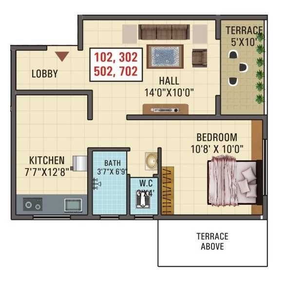 Floor plan of 1 BHK 416 Sq. Ft. Apartment in Aaradhya Apartment, Pune