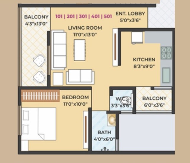 Floor plan of 1 BHK 496 Sq. Ft. Apartment in Aarambh Apartments, Pune